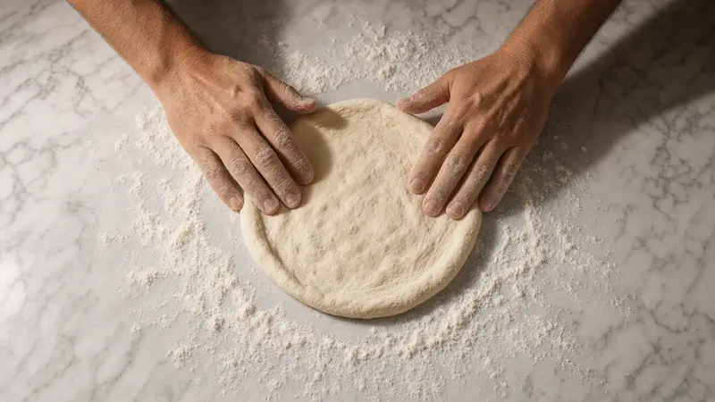 Des mains étirent une boule de pâte farinée sur le plan de travail