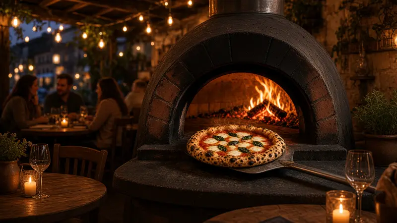 La salle de la trattoria au crépuscule, tables dressées et lumière chaude